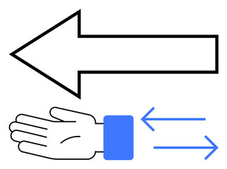 Large black outlined arrow pointing left, hand with blue sleeve gesturing left, two smaller blue arrows indicating motion. Ideal for navigation, direction, movement, communication, guidance, signs