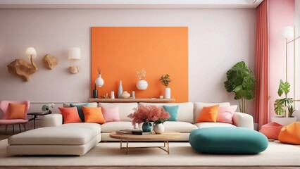 An exquisite living room's design includes a bright wall and a stock photo