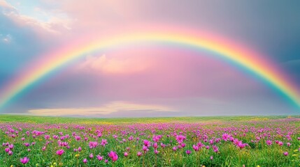 Naklejka premium Rainbow Arcs Over Vibrant Wildflower Meadow