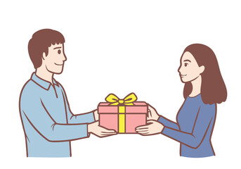 A young man gives a gift box to a young woman.  Hand drawn style vector design illustrations.
