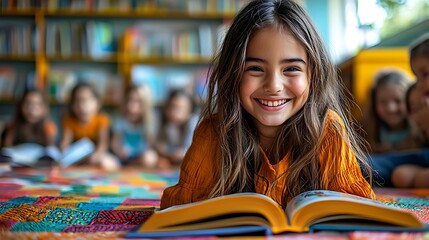 A reading motivation session in a colorful classroom, with children immersed in books and guided by an enthusiastic teacher 