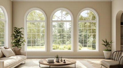Fototapeta premium Elegant living room with three arched windows offering abundant natural light and showcasing a serene garden view.