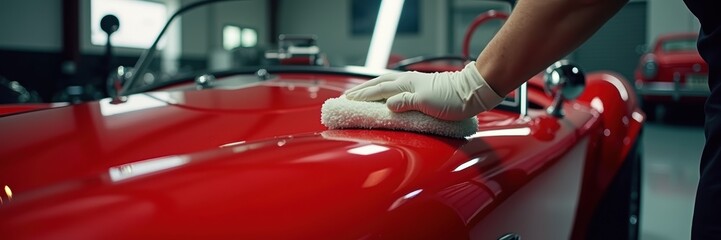 A close-up of a hand cleaning a shiny red sports car hood, showcasing attention to detail in automotive care and restoration.