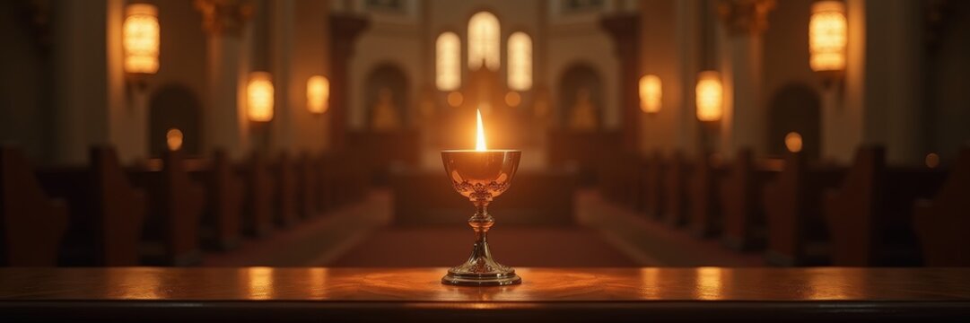 A serene view of a lit candle in a church setting, symbolizing spirituality and reflection. Ideal for religious themes, meditation, and peaceful practices.