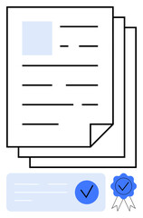 Stack of documents with approval checkmarks and certification ribbon. Ideal for administrative procedures, legal agreements, quality assurance, compliance, validation, verification, and official