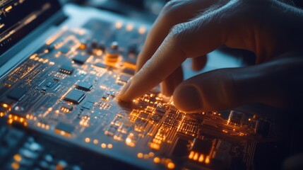 Close up of a finger touching a circuit board
