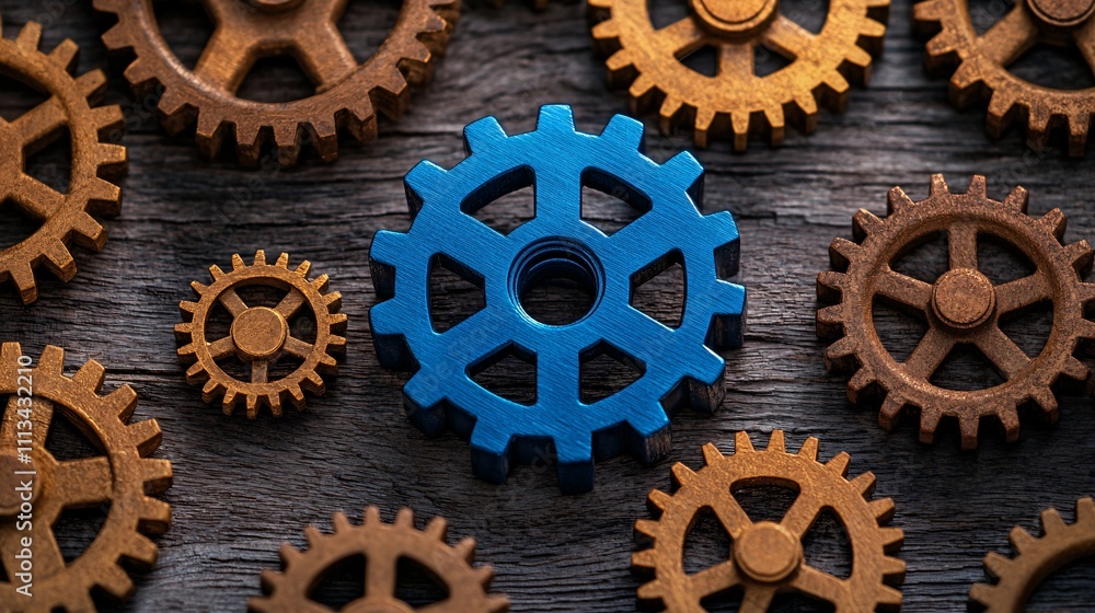 Poster mechanical interaction gears and cogs on wooden surface industrial setting close-up view concept of 