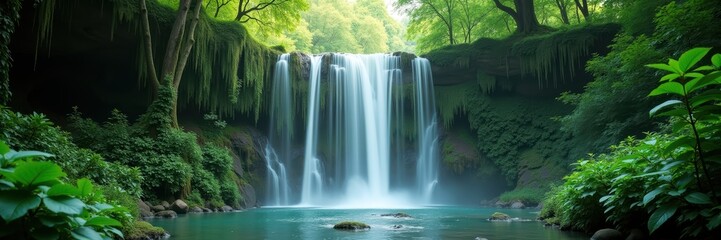 Obraz premium A serene waterfall surrounded by lush greenery, creating a tranquil natural landscape perfect for relaxation and rejuvenation.