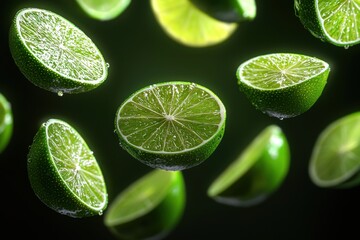 Floating Lime Slices &ndash; Juicy and Vibrant Green Citrus Perfect for Refreshing Drinks, Tropical Recipes, and Creative Food Photography
