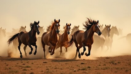 Herd of wild horses galloping across a dusty plain, dynamic motion captured