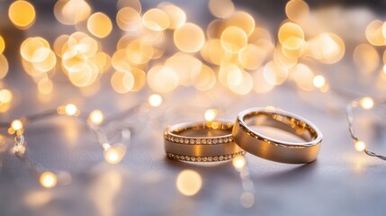 Golden Wedding Rings Sparkle with Festive Bokeh Lights