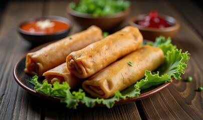 Delicious spring rolls served on a wooden table, accompanied by fresh greens and dipping sauces. Perfect for food blogs, menus, or culinary magazines.