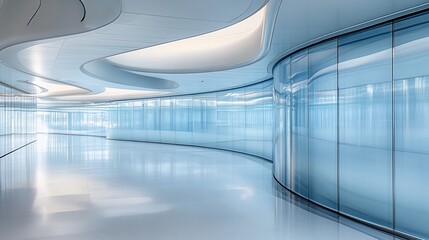 Empty modern light blue hallway with smooth curves, glass walls, and polished floor.