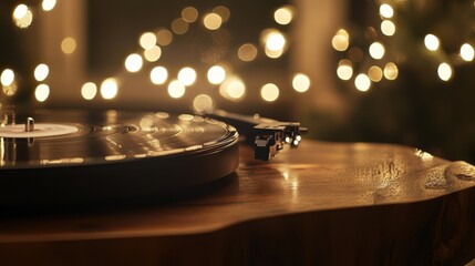 Obraz premium Cozy Christmas Vinyl Record Player, Festive Lights, Warm Glow