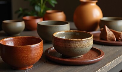 A collection of beautifully crafted ceramic bowls and pots arranged elegantly, showcasing a warm and inviting aesthetic, perfect for home decor or culinary presentations.