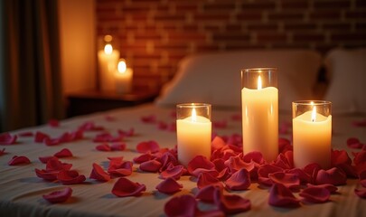 A romantic bedroom setting with candles and rose petals, perfect for creating a cozy and intimate atmosphere for couples.