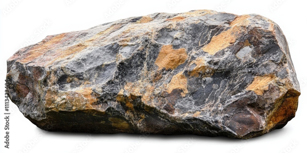 Poster large isolated rock on a white background highlighting the texture and color variations in the stone