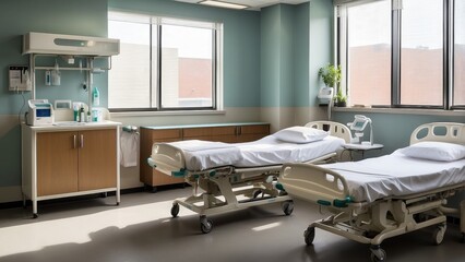 A hospital room with two beds that are freshly laundered and a bedside table that contains supplies for patient care