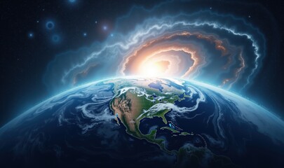 A stunning view of Earth from space, showcasing a beautiful sunrise against a cosmic backdrop, perfect for projects related to science, education, and environmental awareness.