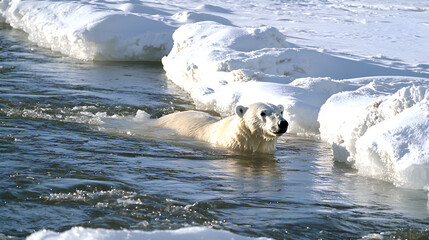 Naklejka premium Majestic Polar Bear Swimming in Icy Arctic Waters Amidst Snowy Landscape