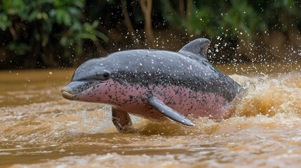 Obraz premium Playful Pink Dolphin Leaping in Amazon River Wildlife Habitat
