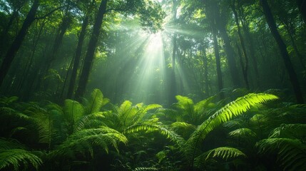 Sunbeams illuminate a lush, misty forest floor, dappled sunlight through dense canopy.