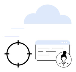 Circular target, female user icon with web page window under cloud. Ideal for cloud services, user interfaces, web development, data management, digital collaboration, online security, cloud