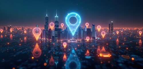 Fototapeta premium A futuristic city skyline illuminated with digital location pins, symbolizing navigation, technology, and urban development in a connected world.