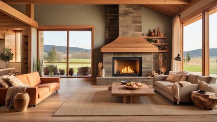 The interior of a stylish rural home features a family hearth, wood finishes, warm hues, and an open floor layout. view of the family and visitor recreation area-