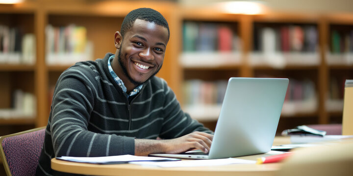 Happy young African American student working on a laptop in the library, generative AI
