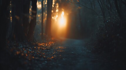 Fototapeta premium Golden sunlight filtering through a misty forest path.
