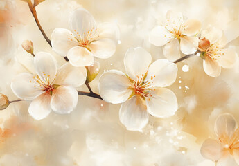 Soft Watercolor Blossoms: Delicate Spring Cherry Flowers on a Warm Beige Background