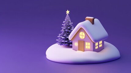 3D rendered Christmas house with snow and Christmas tree on purple background.