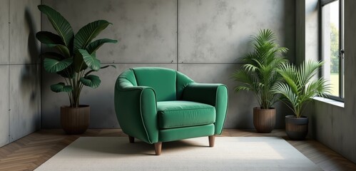 A stylish green armchair in a modern interior with potted plants, perfect for interior design, furniture retail, or home decor inspiration.