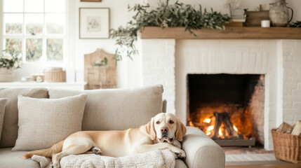 A cozy living room featuring relaxed dog on sofa, with warm fireplace in background. serene atmosphere invites comfort and tranquility