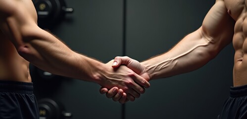 Two muscular men shaking hands in a gym setting, symbolizing camaraderie, strength, and teamwork in fitness and health.