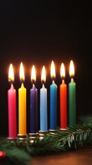 Decorations featuring candlelit menorahs and garland-wrapped trees, Hanukkah and Christmas, decorations candles