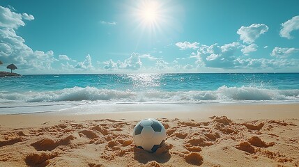 Obraz premium Beach soccer field with golden sand, bright sunlight, and a clear blue ocean in the background 