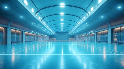 Brightly lit tennis court indoors with clean lines, polished flooring, and empty seating 