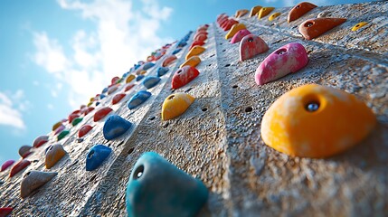 Clear, bright day at an outdoor climbing wall with colorful holds and distant blue skies 