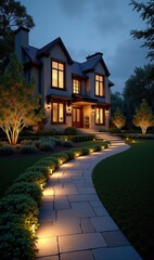 A beautifully lit home at dusk, showcasing elegant architecture and a welcoming pathway surrounded by lush landscaping, perfect for real estate, home design, and outdoor lighting themes.