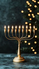 Singing festive songs with glowing menorah and tree in the background, Hanukkah and Christmas, festive songs