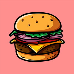 big cheese burger isolated colored drawing line art style sketch classic vintage design illustration