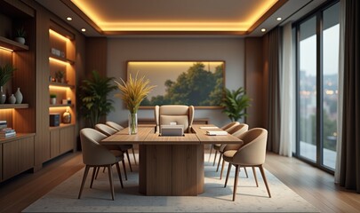 Obraz premium A modern, elegantly designed conference room featuring a wooden table, comfortable chairs, and ambient lighting, perfect for corporate meetings or presentations.