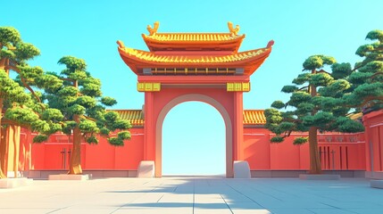 3D rendered, low-poly, vibrant, Asian-style gate.  Vast, open courtyard with reddish-orange walls, a large archway, and lush, stylized trees.