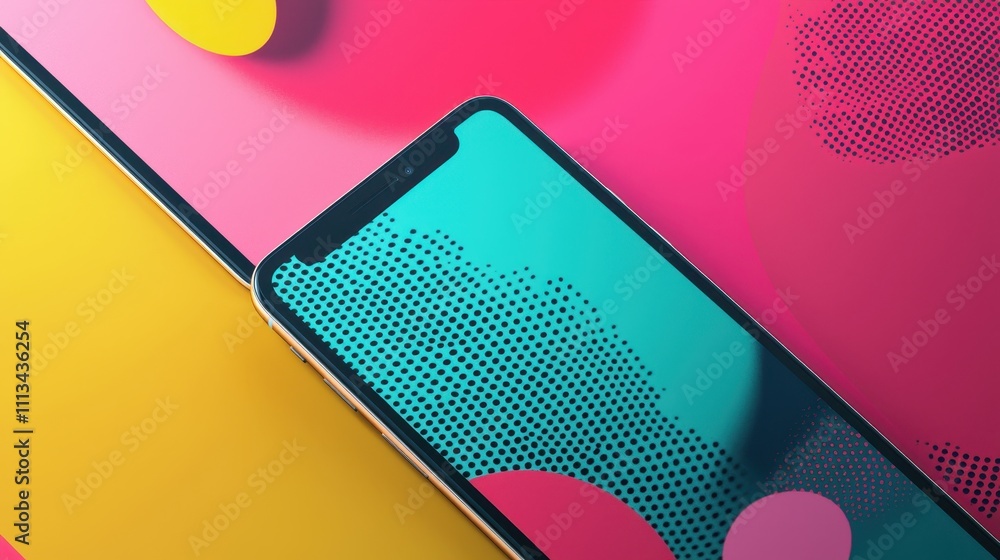 Poster vibrant graphic mockup with bold colors and contrasting dynamic shapes on a smartphone display