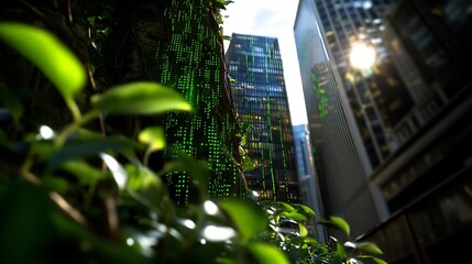 Green Matrix Code on Tree Trunk in Urban Setting