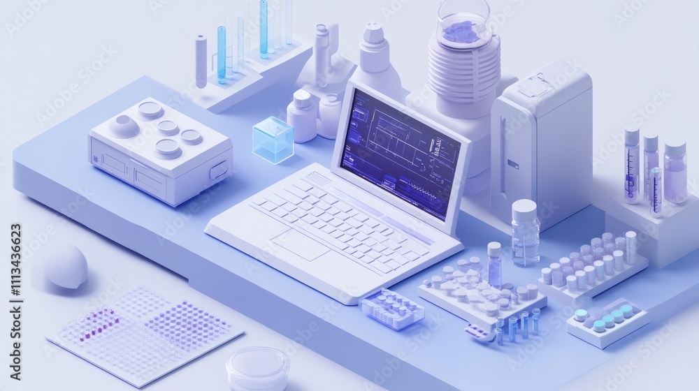 Poster 3d rendering of a modern scientific lab workspace with various equipment, including beakers, test tu