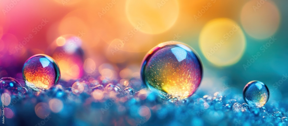 Poster macro photograph of water droplets with a colorful bokeh background.