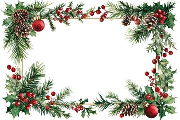 Watercolor Christmas Frame with Pine Branches and Ornaments